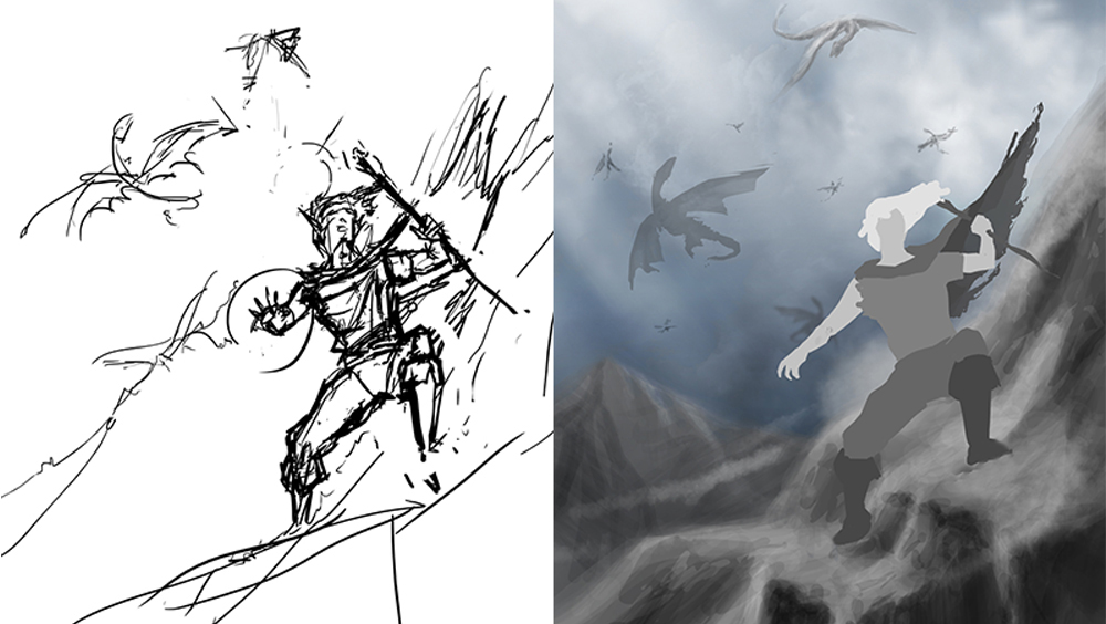Scene with Dragons (sketch+monochrome) Scene with Dragons (sketch+monochrome)